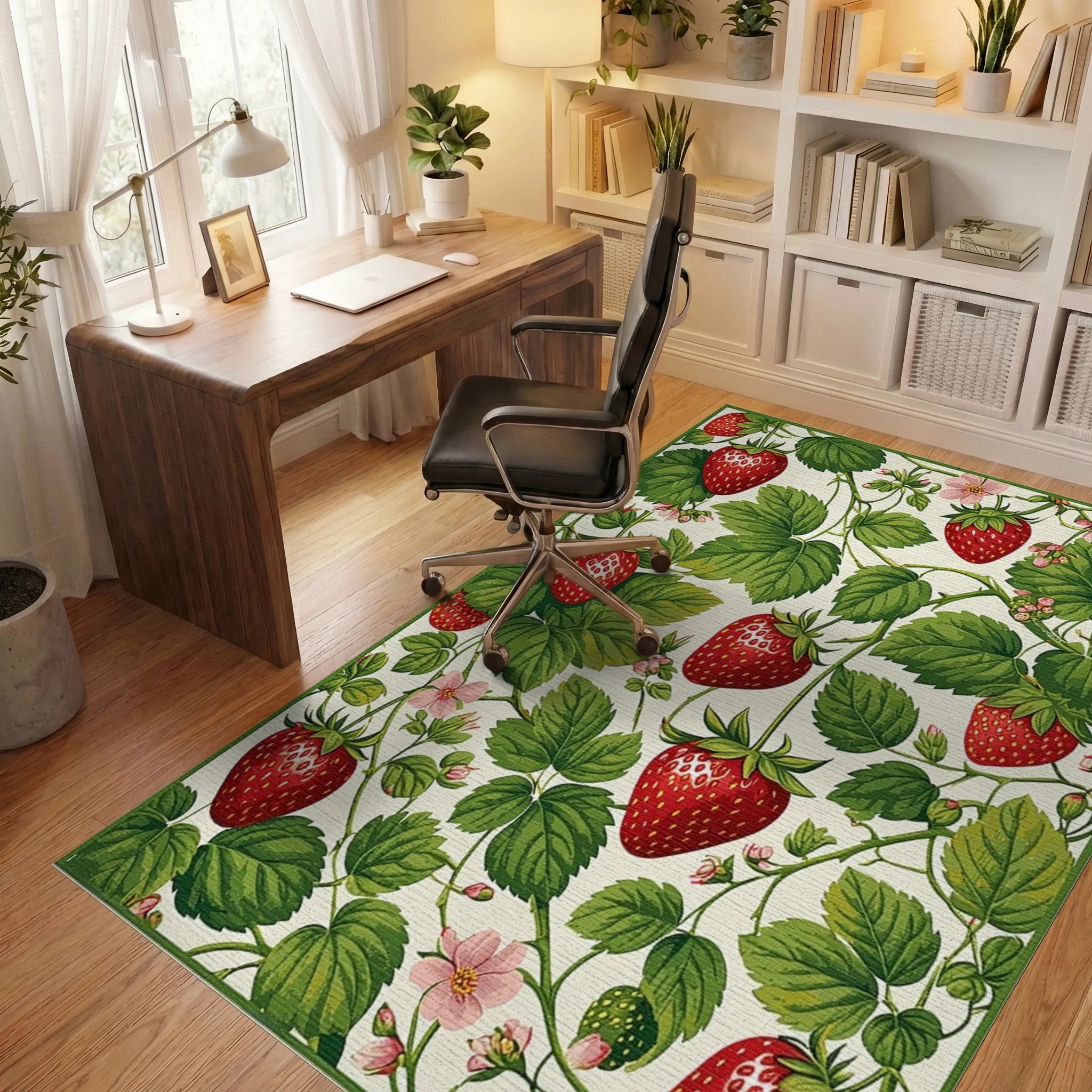 Red Strawberry Green Leaf Floral Rug Office View