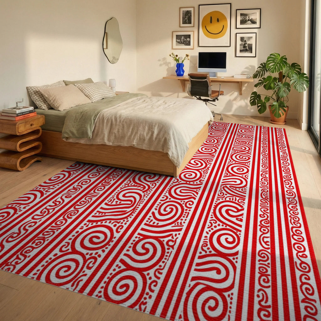 Red Stripe Organic Swirl Pattern Rug Bedroom View