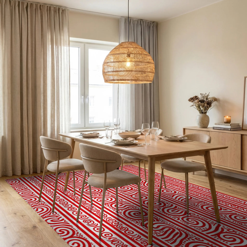 Red Stripe Organic Swirl Pattern Rug Dining Room View