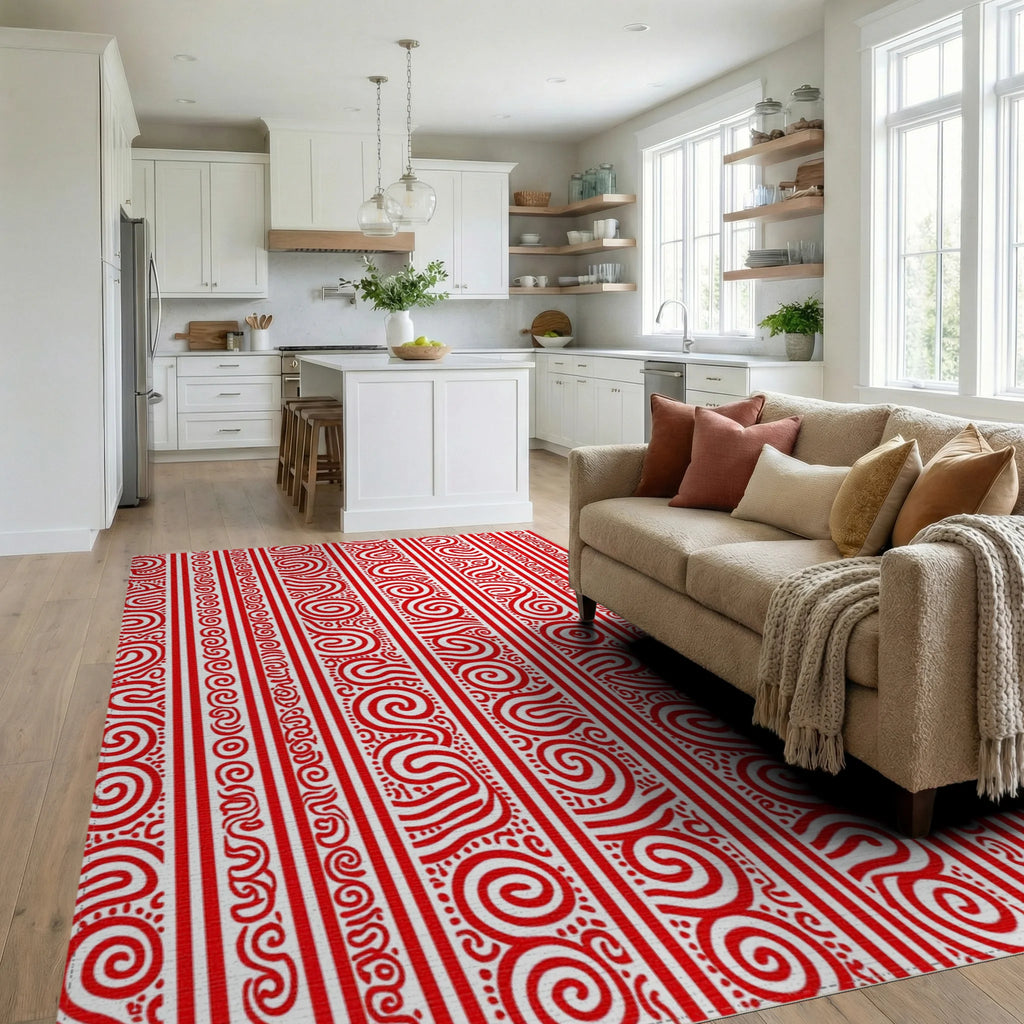 Red Stripe Organic Swirl Pattern Rug Living Room View