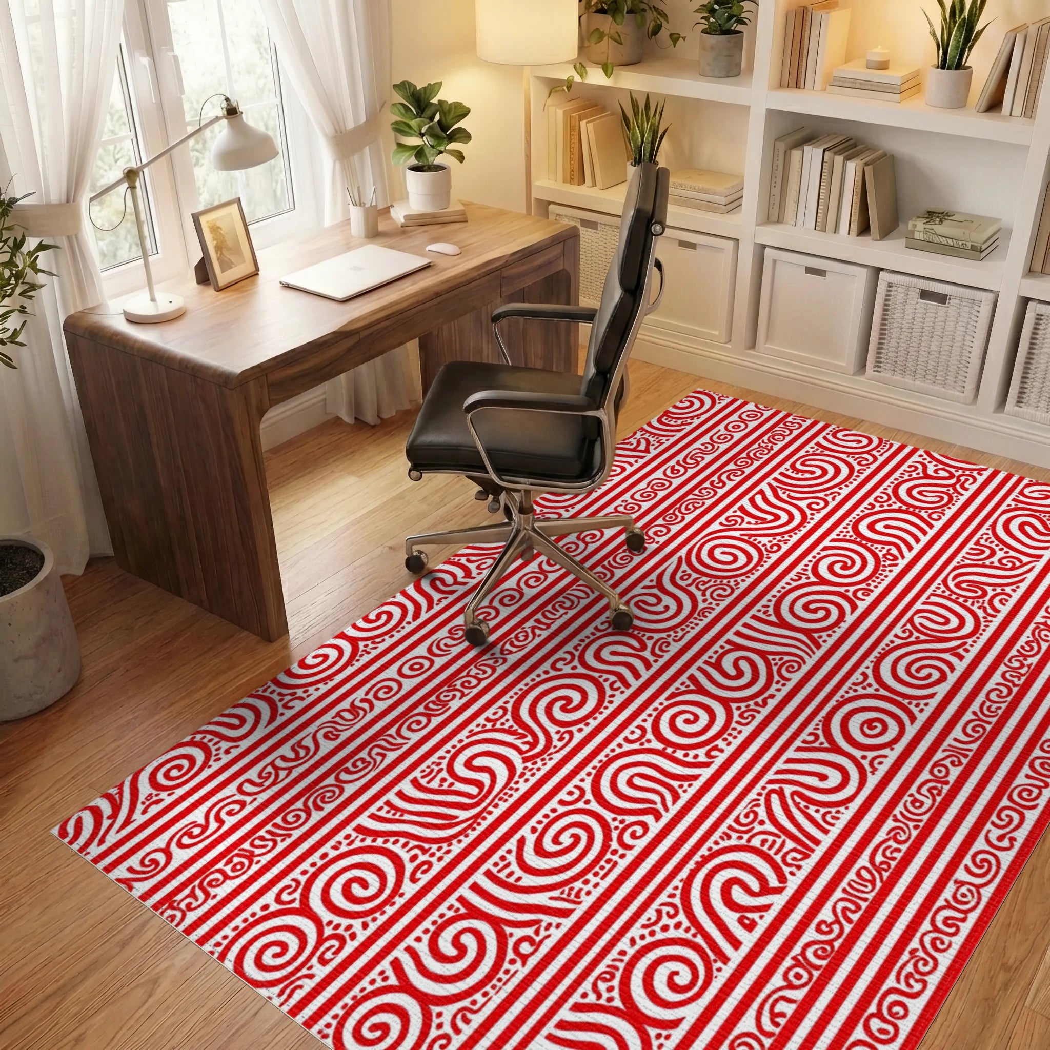 Red Stripe Organic Swirl Pattern Rug Office View