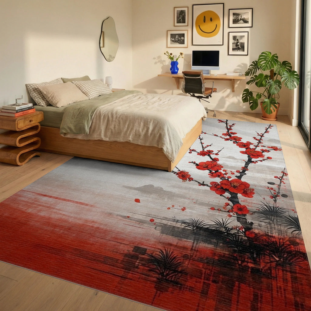 Red Sun Plum Blossoms Misty Landscape Rug - Bedroom View