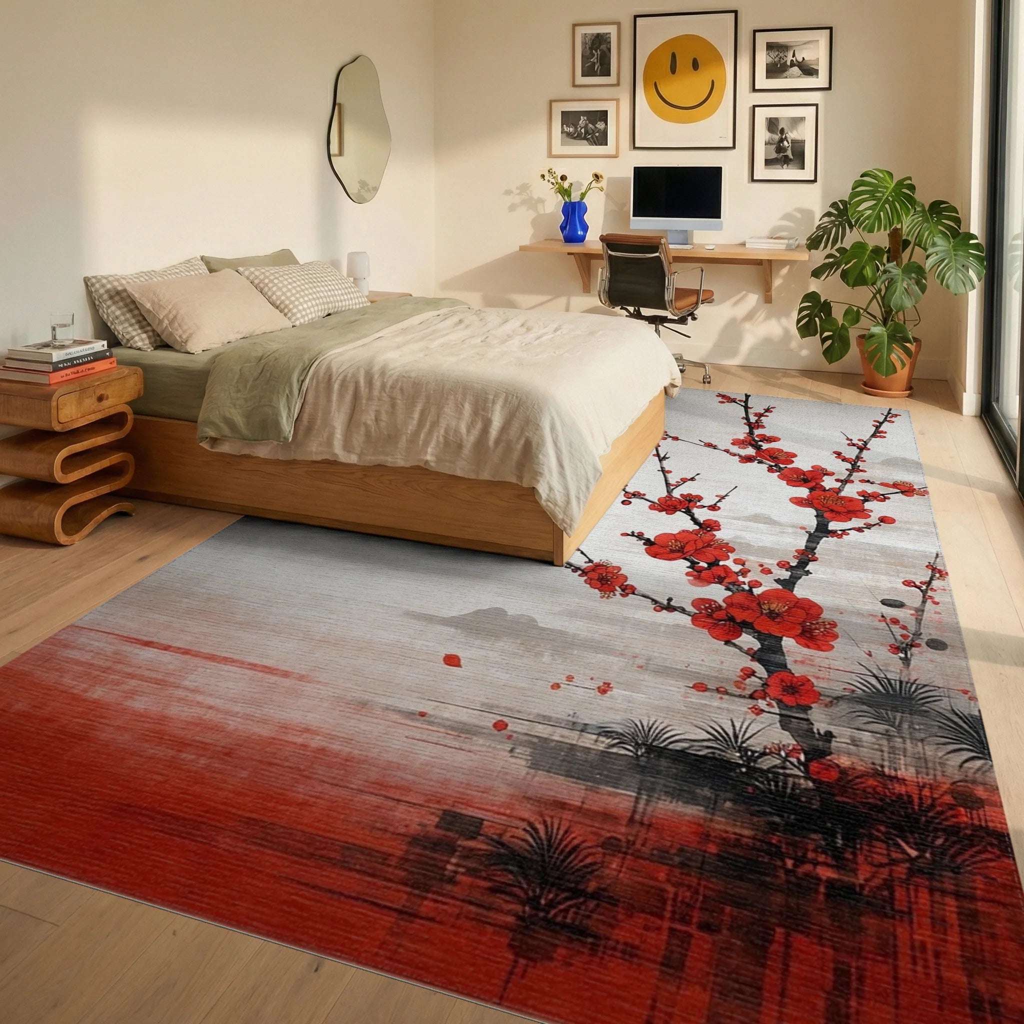 Red Sun Plum Blossoms Misty Landscape Rug - Bedroom View
