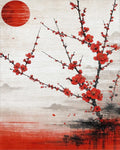 Red Sun Plum Blossoms Misty Landscape Rug - Cutout View