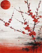 Red Sun Plum Blossoms Misty Landscape Rug - Cutout View