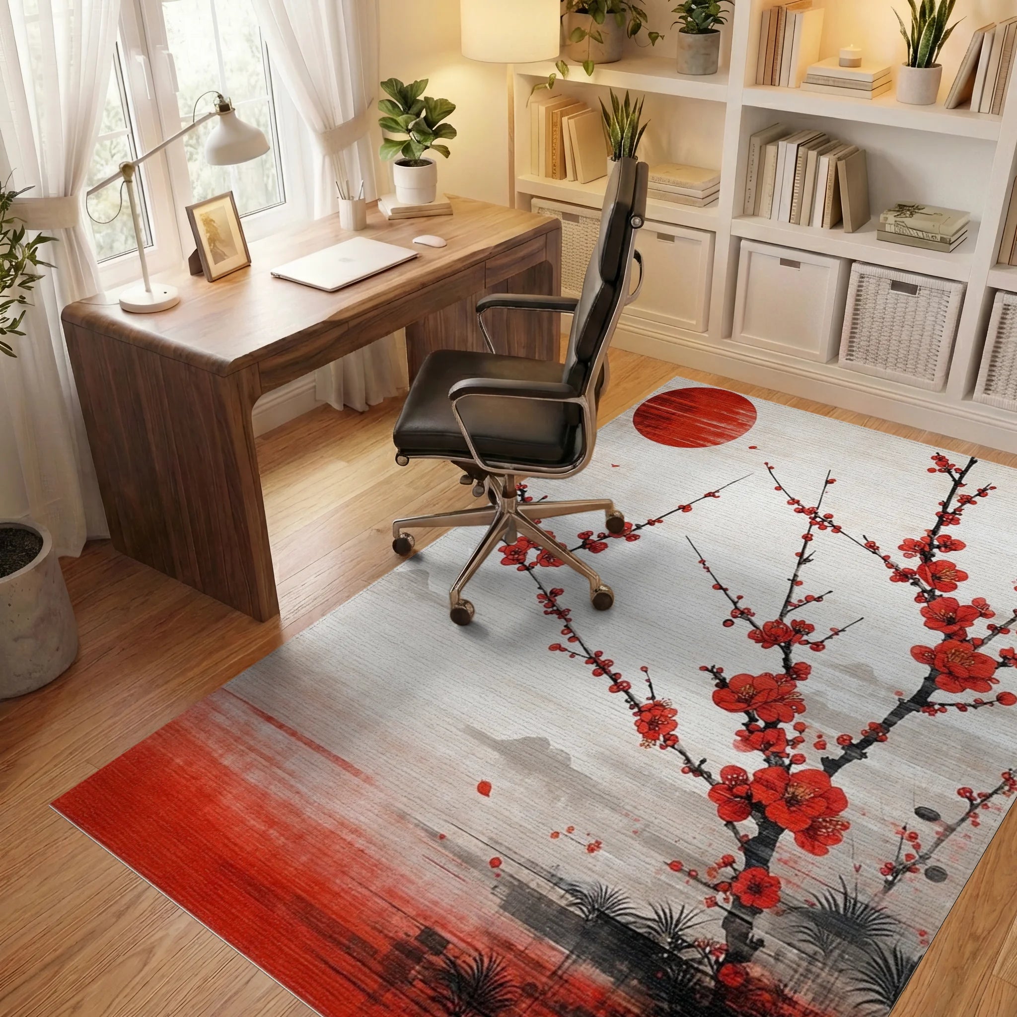 Red Sun Plum Blossoms Misty Landscape Rug - Office View
