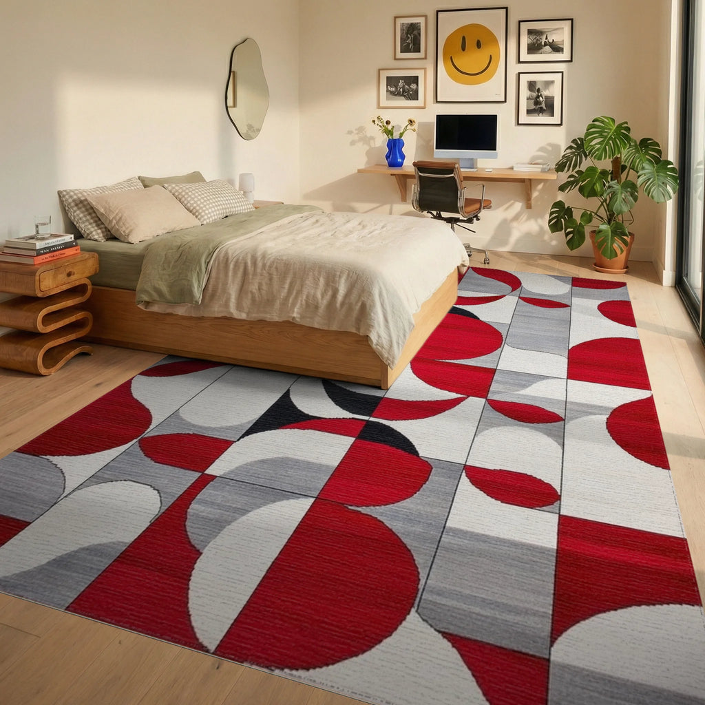 Red White Black Geometric Abstract Shape Rug - Bedroom View
