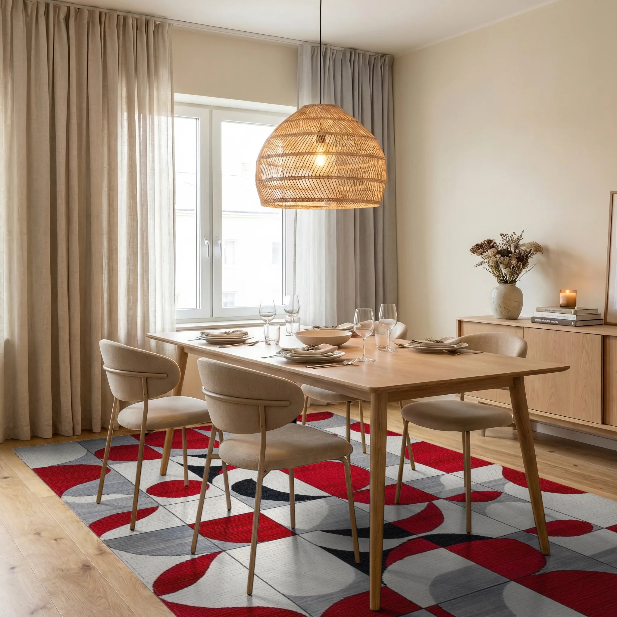Red White Black Geometric Abstract Shape Rug - Dining Room View