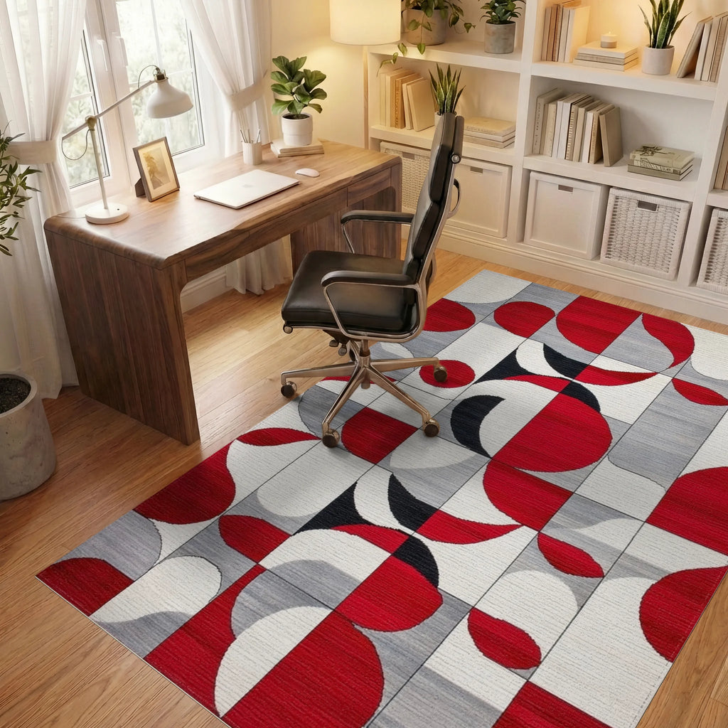Red White Black Geometric Abstract Shape Rug - Office View