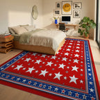 Red White Blue Star Repeating Pattern Rug - Bedroom View