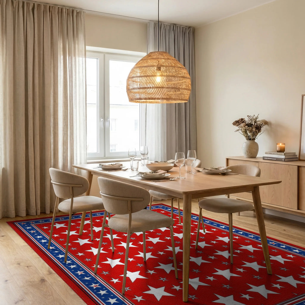 Red White Blue Star Repeating Pattern Rug - Dining Room View