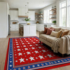 Red White Blue Star Repeating Pattern Rug - Living Room View