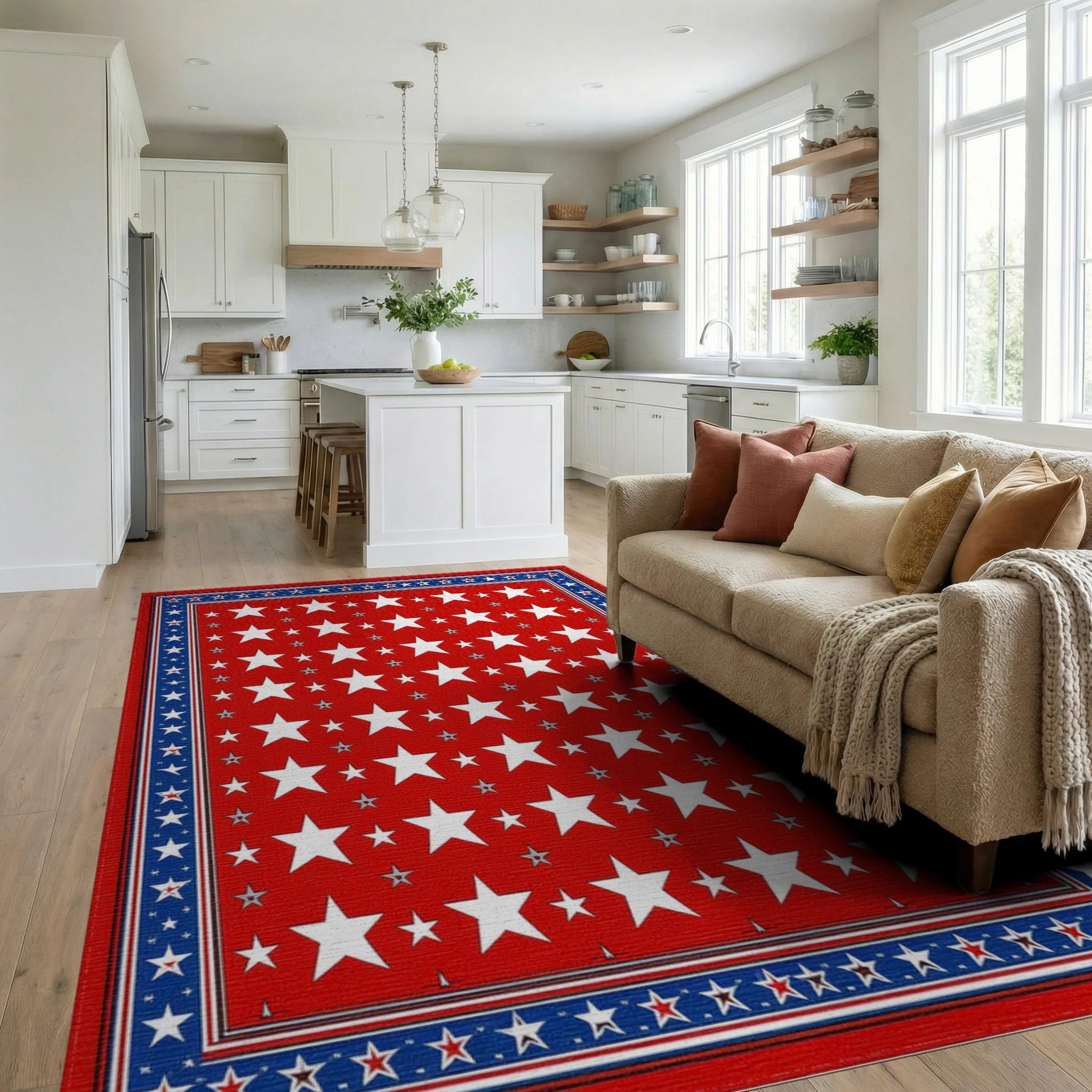 Red White Blue Star Repeating Pattern Rug - Living Room View