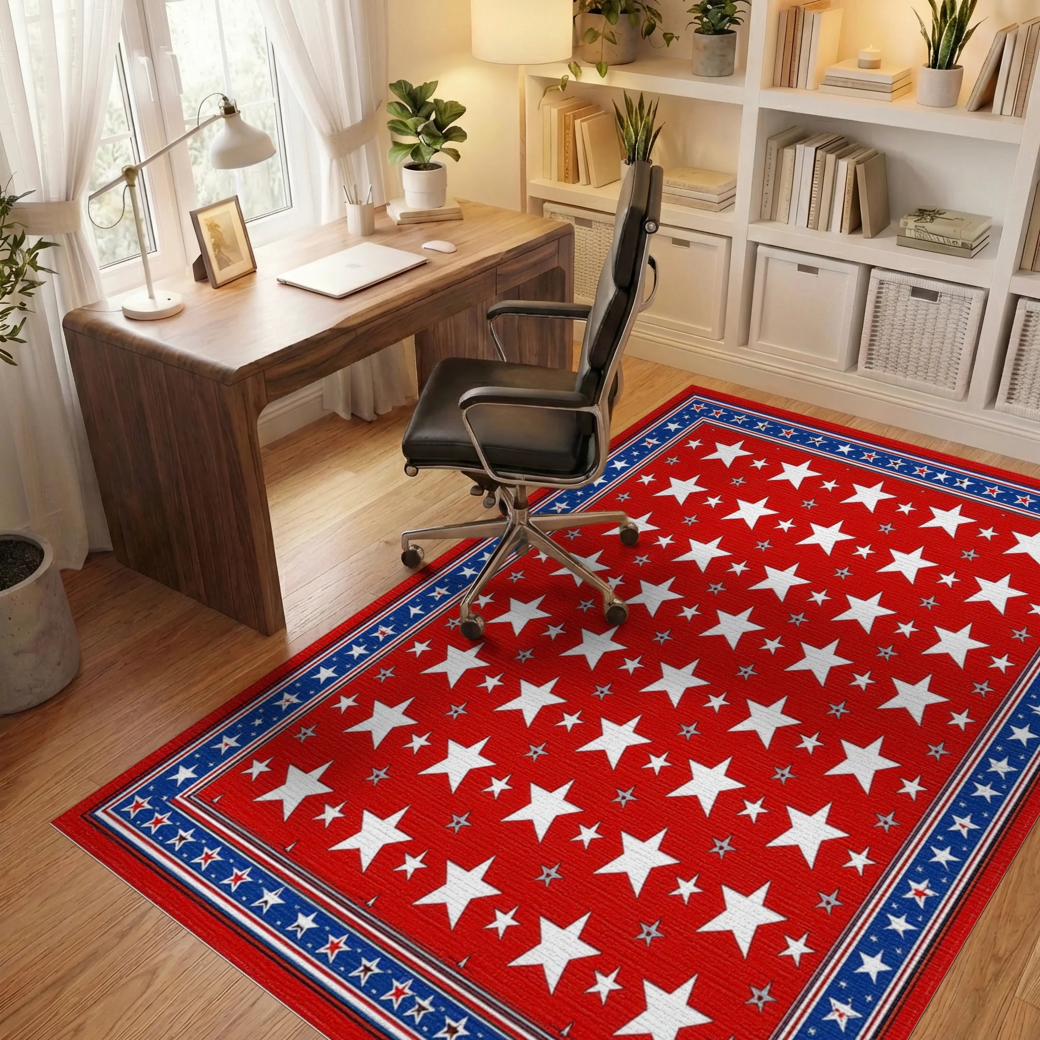 Red White Blue Star Repeating Pattern Rug - Office View