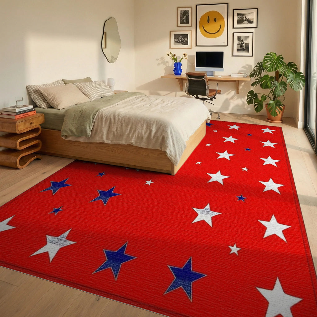 Red White Blue Starburst Scatter Rug - Bedroom View