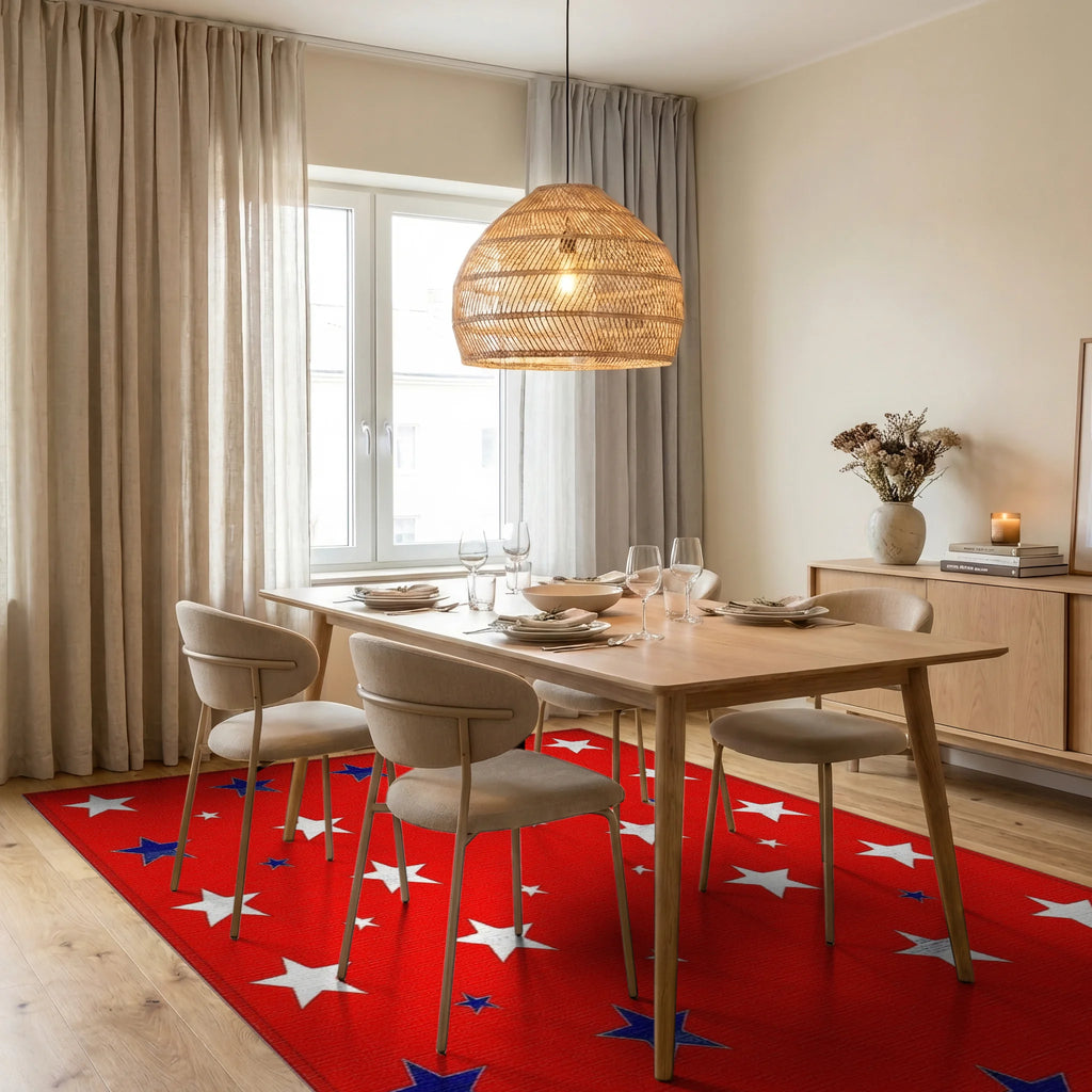 Red White Blue Starburst Scatter Rug - Dining Room View