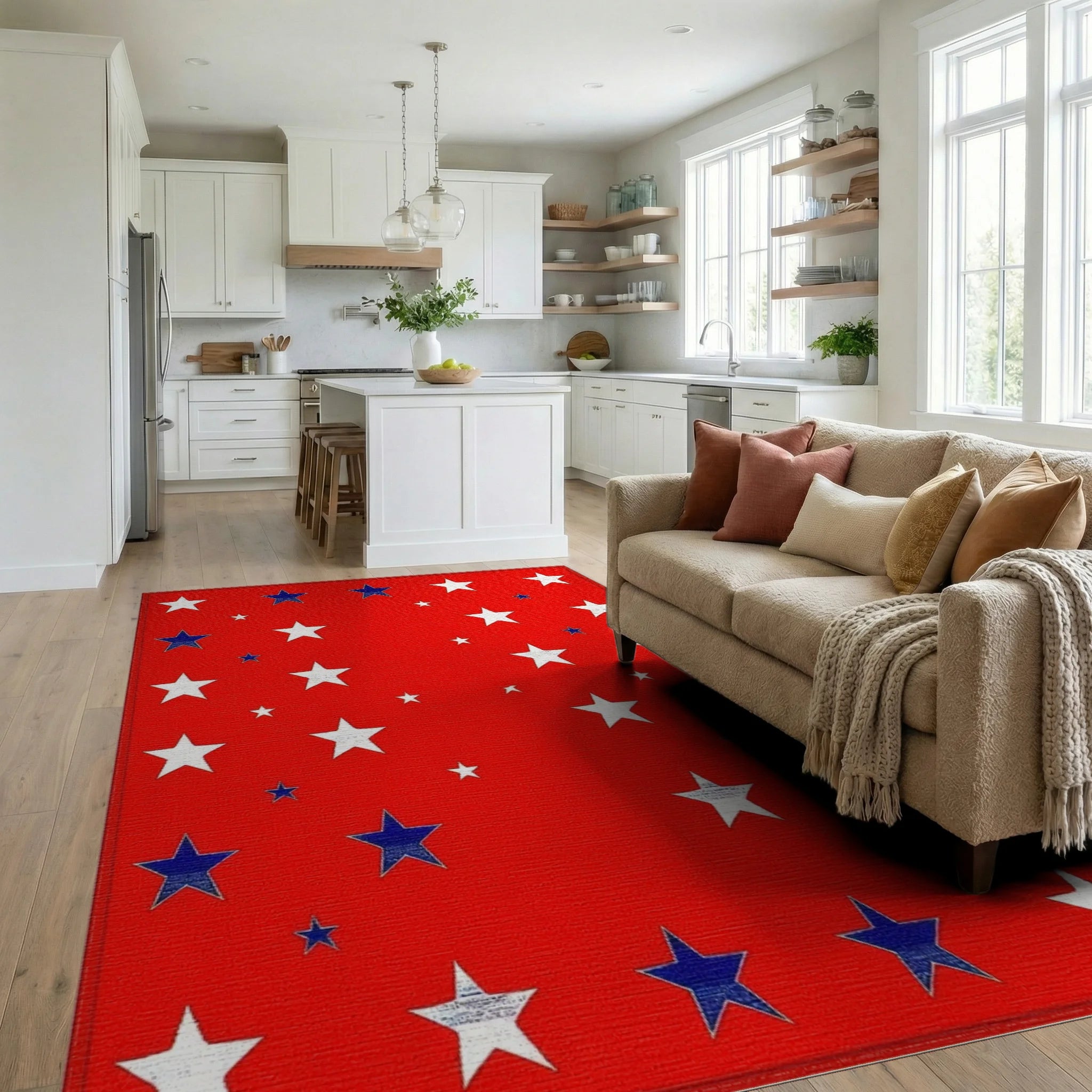 Red White Blue Starburst Scatter Rug - Living Room View