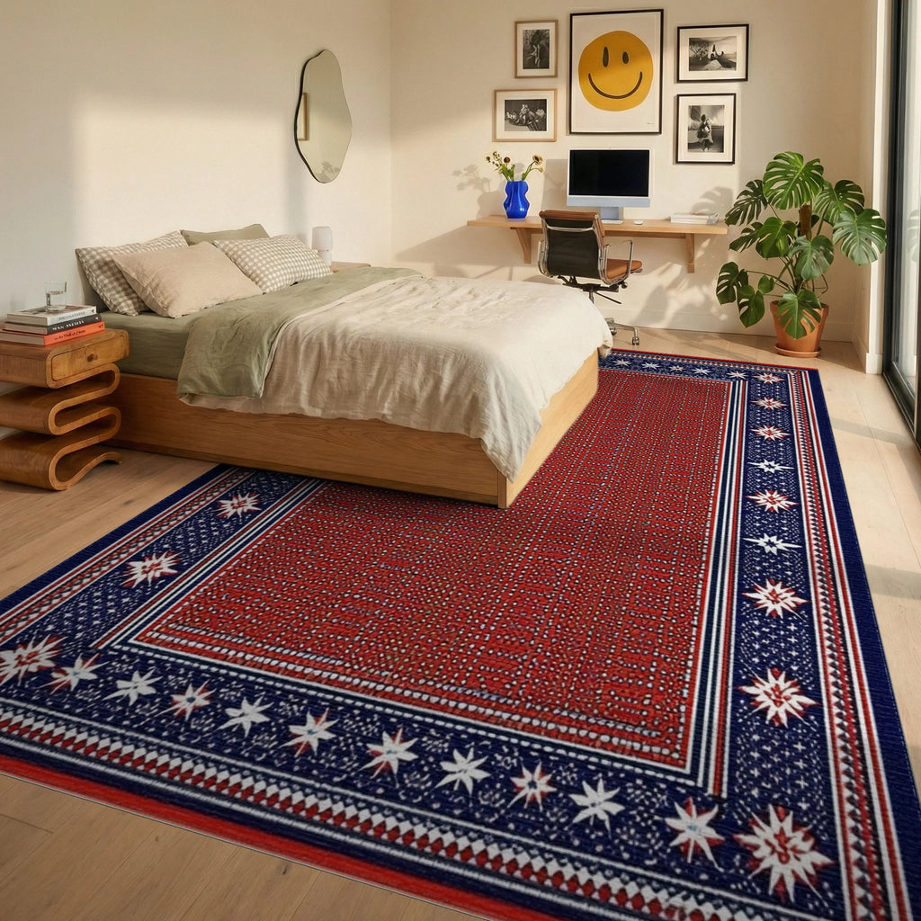 Red White Blue Stars Border Rug - Bedroom View