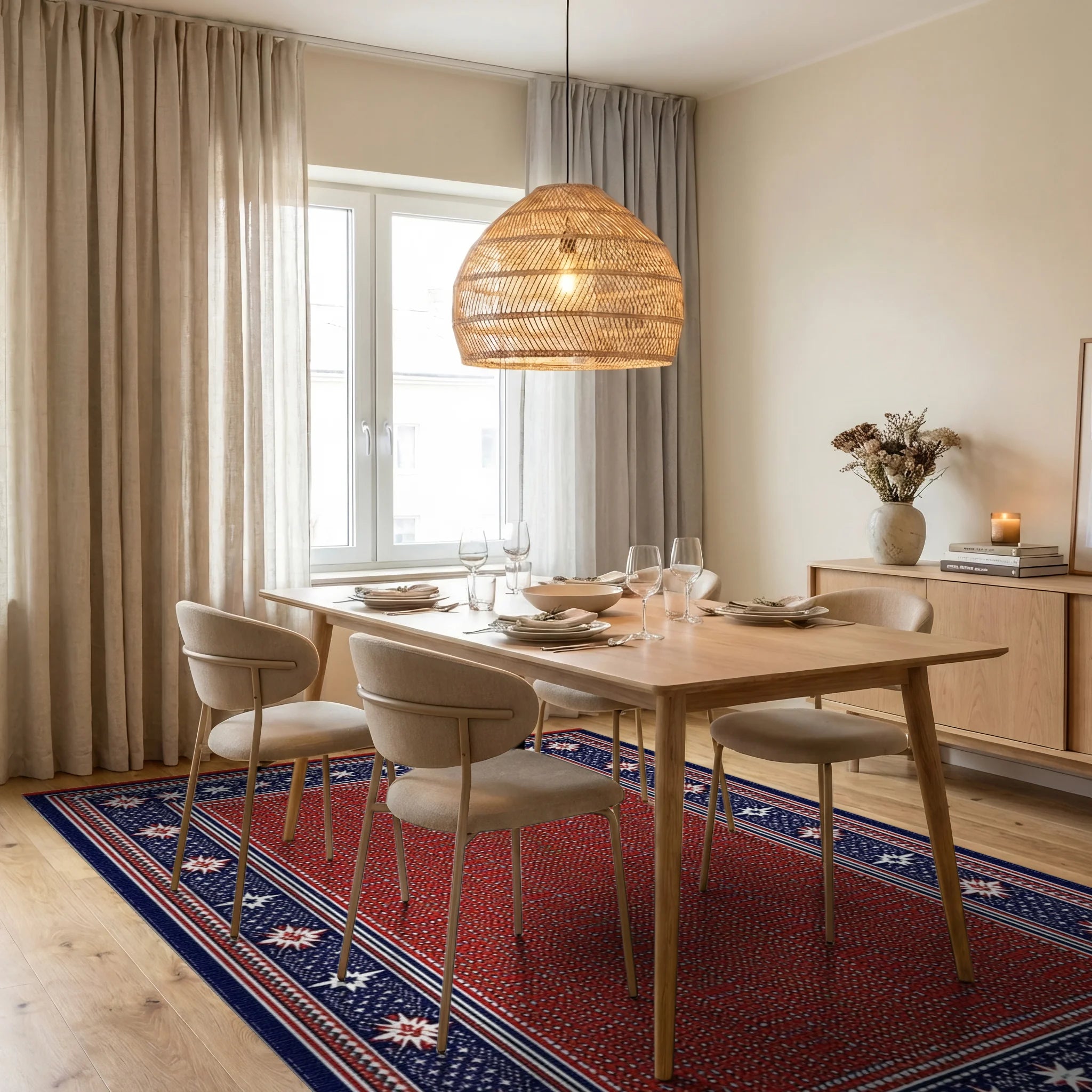 Red White Blue Stars Border Rug - Dining Room View