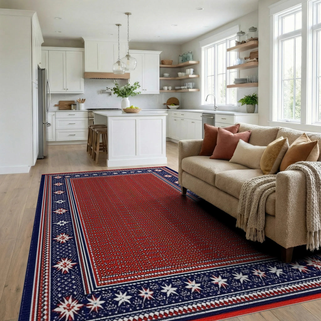 Red White Blue Stars Border Rug - Living Room View