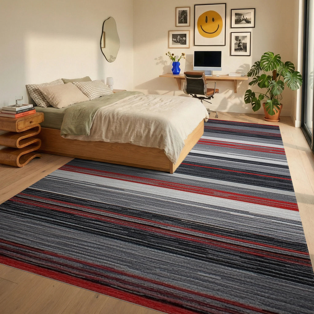 Red White Gray Abstract Stripe Rug - Bedroom View
