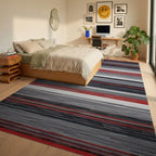 Red White Gray Abstract Stripe Rug - Bedroom View