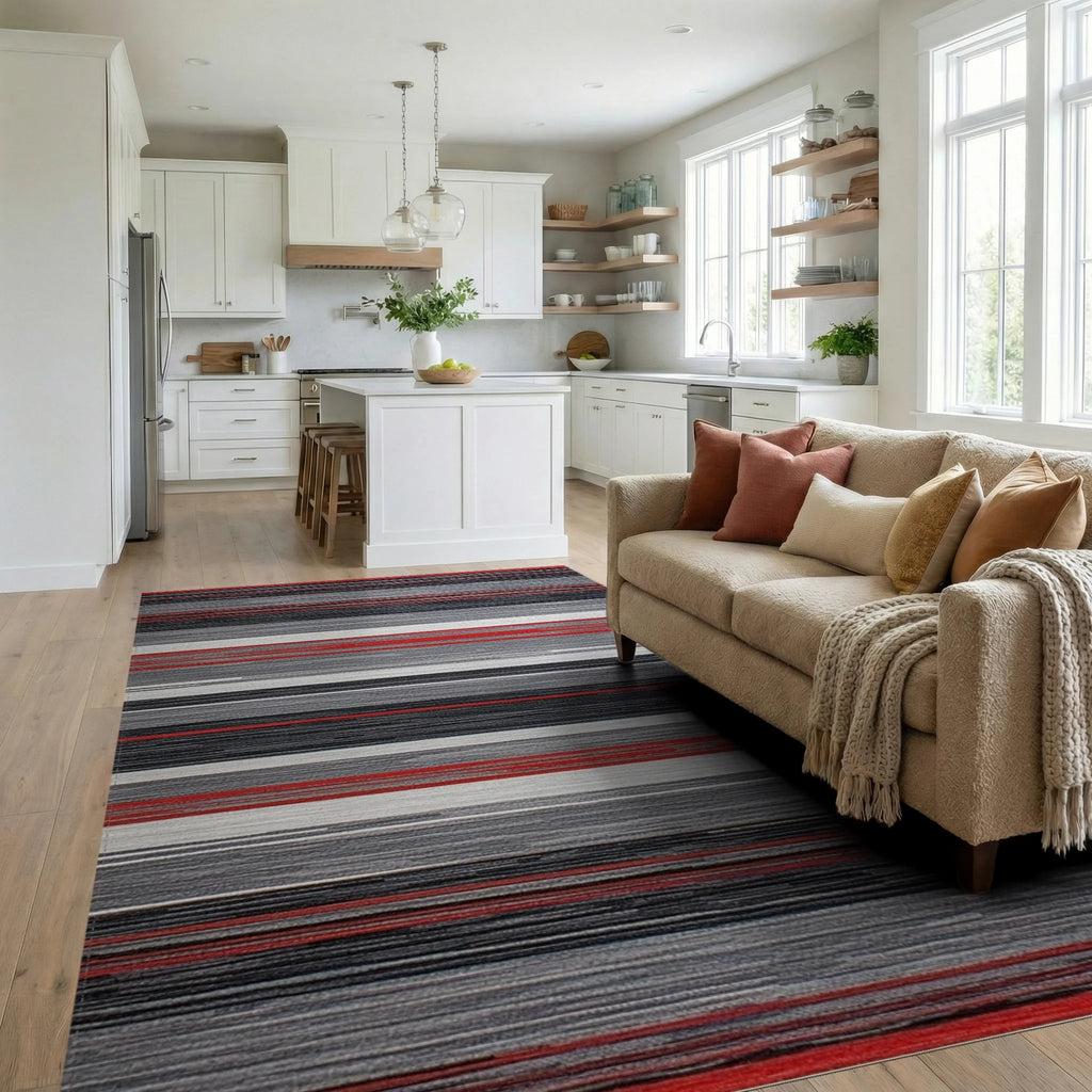 Red White Gray Abstract Stripe Rug - Living Room View