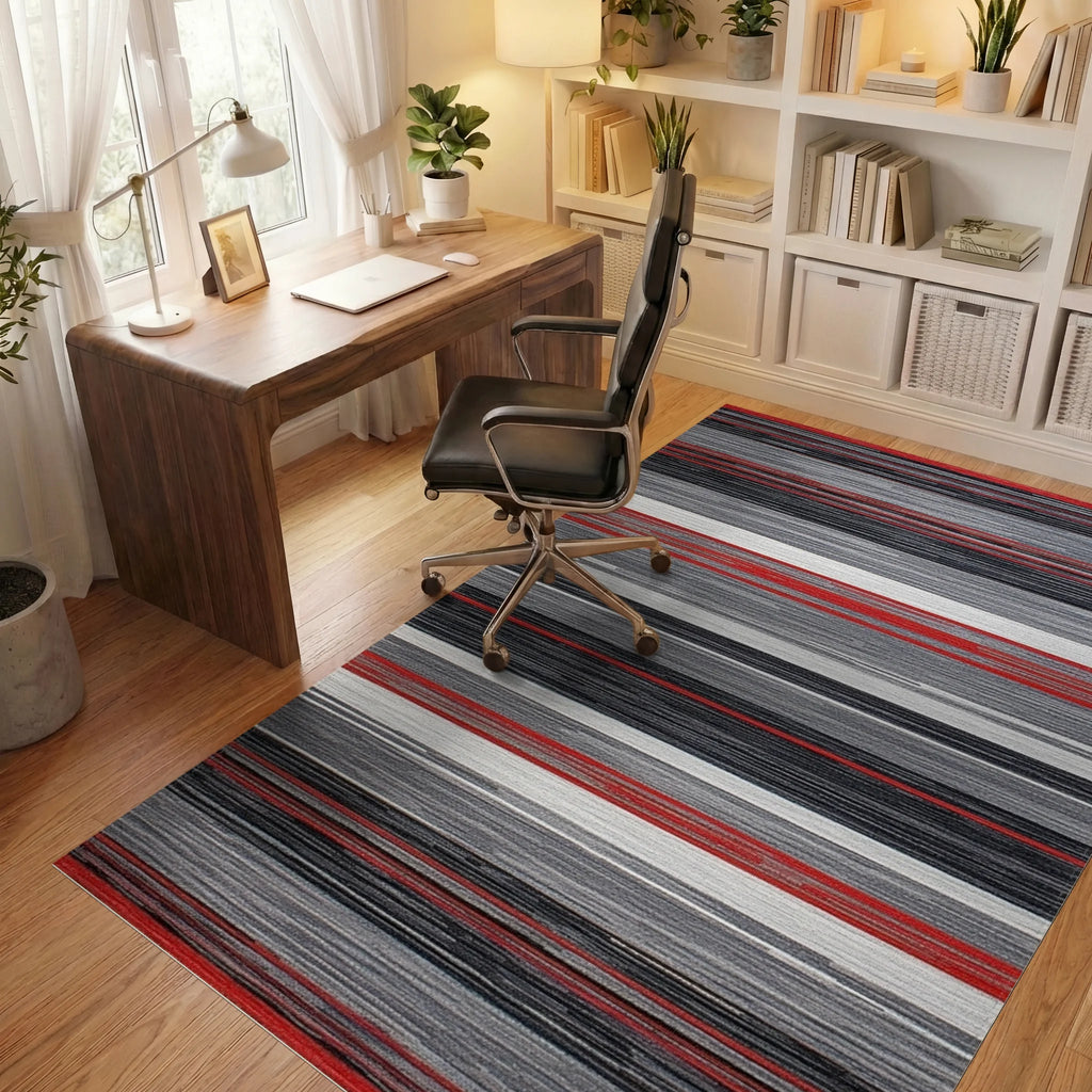 Red White Gray Abstract Stripe Rug - Office View