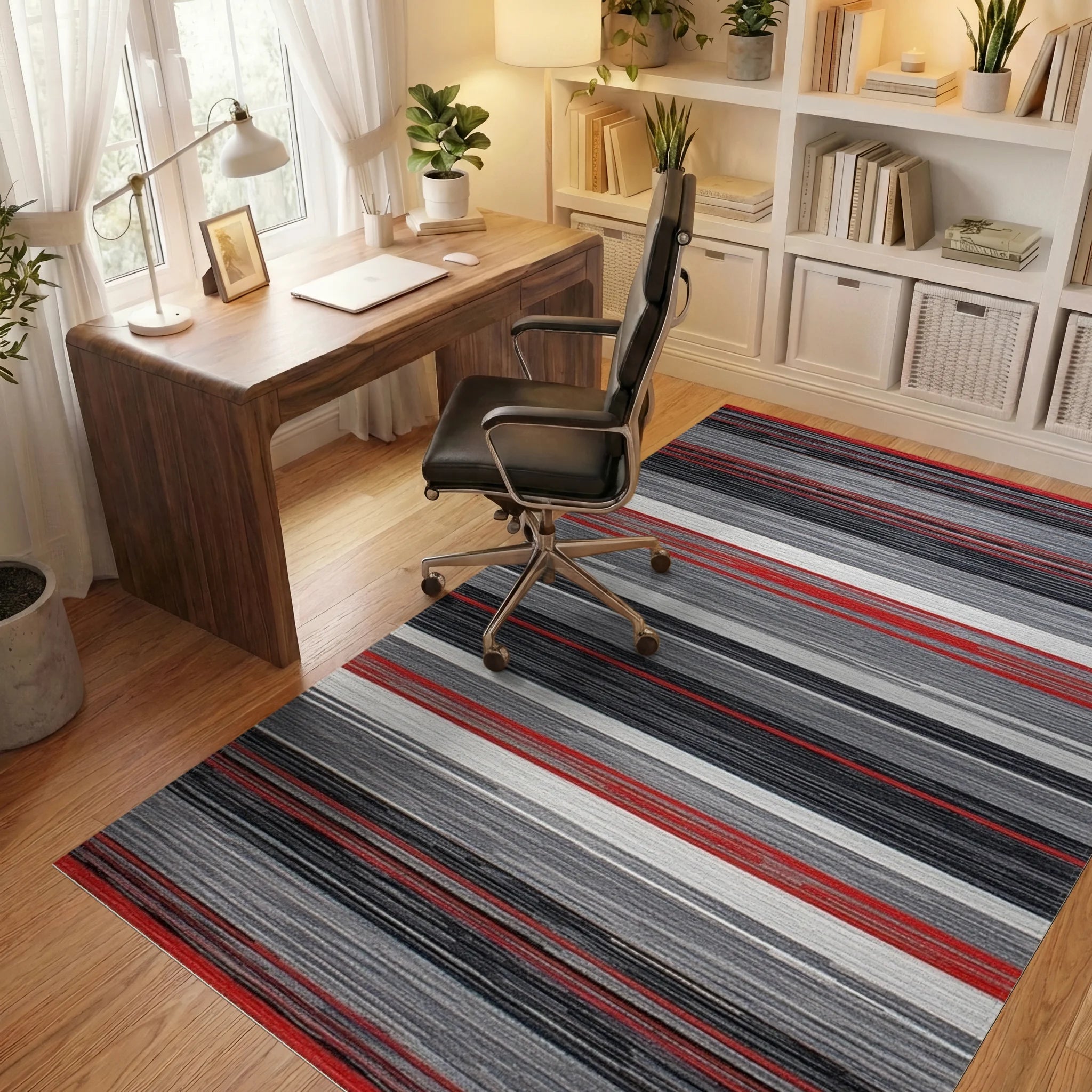 Red White Gray Abstract Stripe Rug - Office View