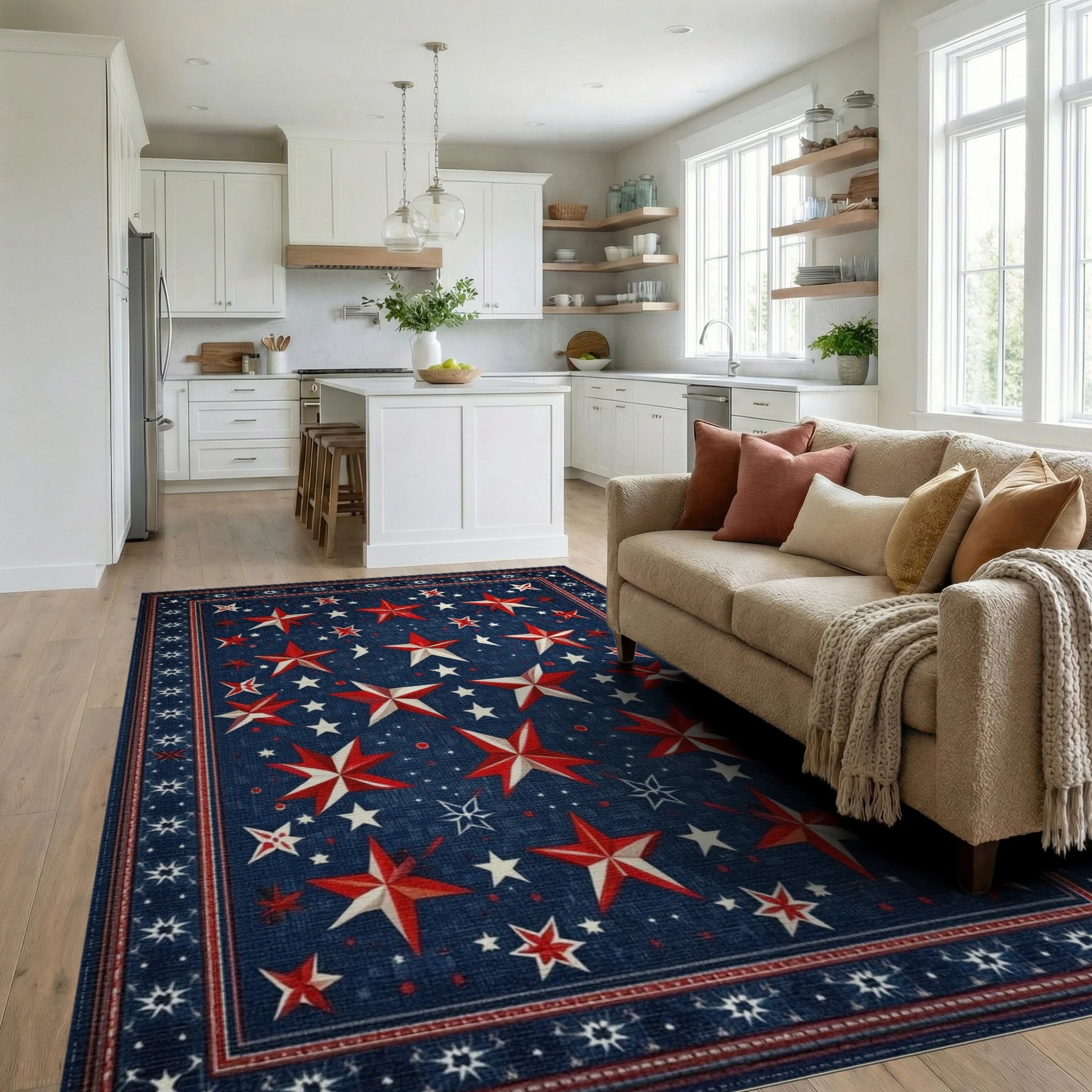 Red White Stars Navy Rug - Living Room View