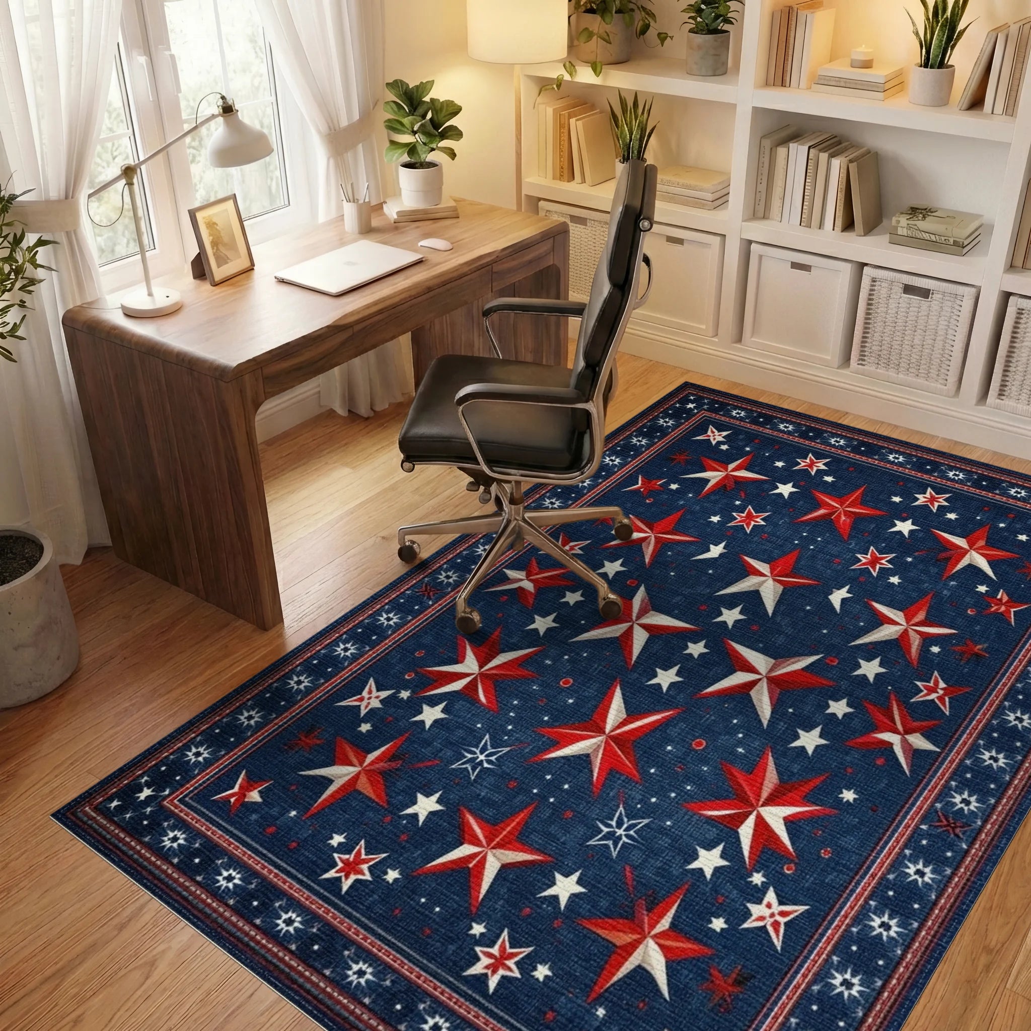 Red White Stars Navy Rug - Office View