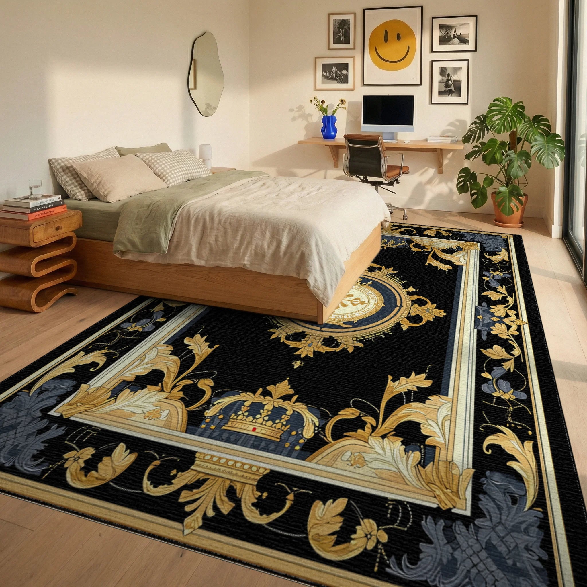 Regal Black Gold Floral Crest Patterned Rug Bedroom View