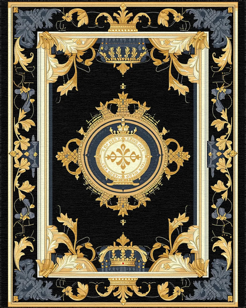 Regal Black Gold Floral Crest Patterned Rug - Cutout View