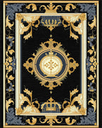 Regal Black Gold Floral Crest Patterned Rug - Cutout View