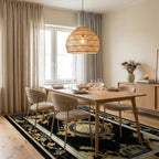 Regal Black Gold Floral Crest Patterned Rug Dining Room View
