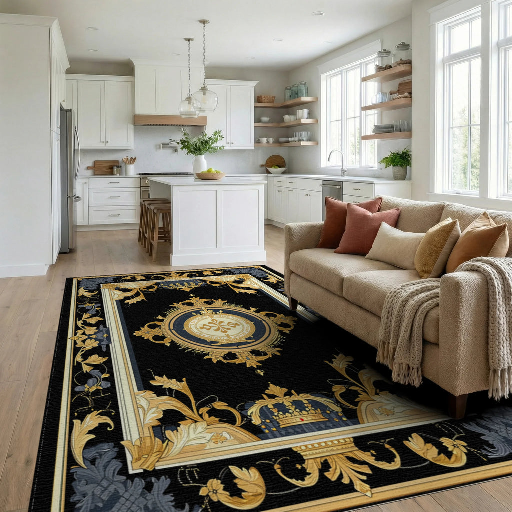 Regal Black Gold Floral Crest Patterned Rug Living Room View