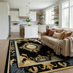 Regal Black Gold Floral Crest Patterned Rug Living Room View