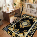Regal Black Gold Floral Crest Patterned Rug Office View