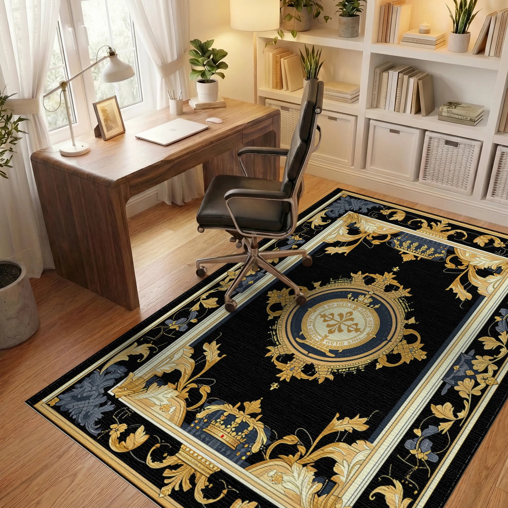 Regal Black Gold Floral Crest Patterned Rug Office View