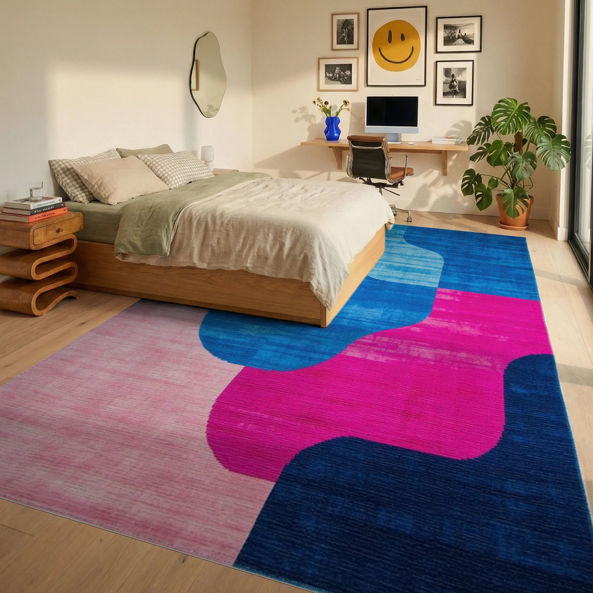 Retro Abstract Color Block Wave Rug - Bedroom View