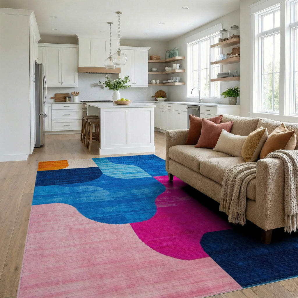Retro Abstract Color Block Wave Rug - Living Room View