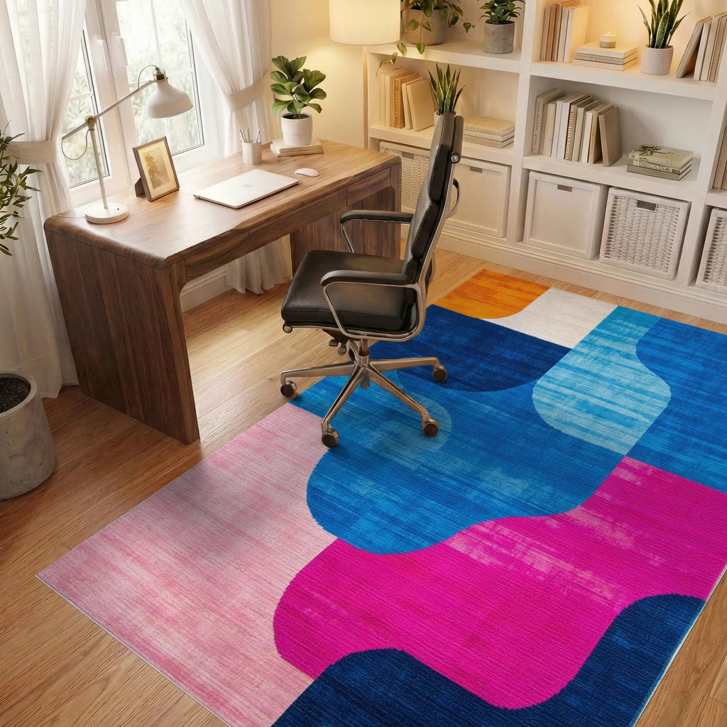 Retro Abstract Color Block Wave Rug - Office View