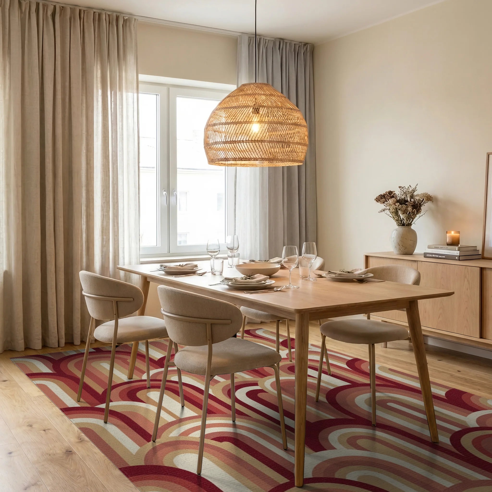 Retro Arc Arch Rainbow Tones Rug Dining Room View