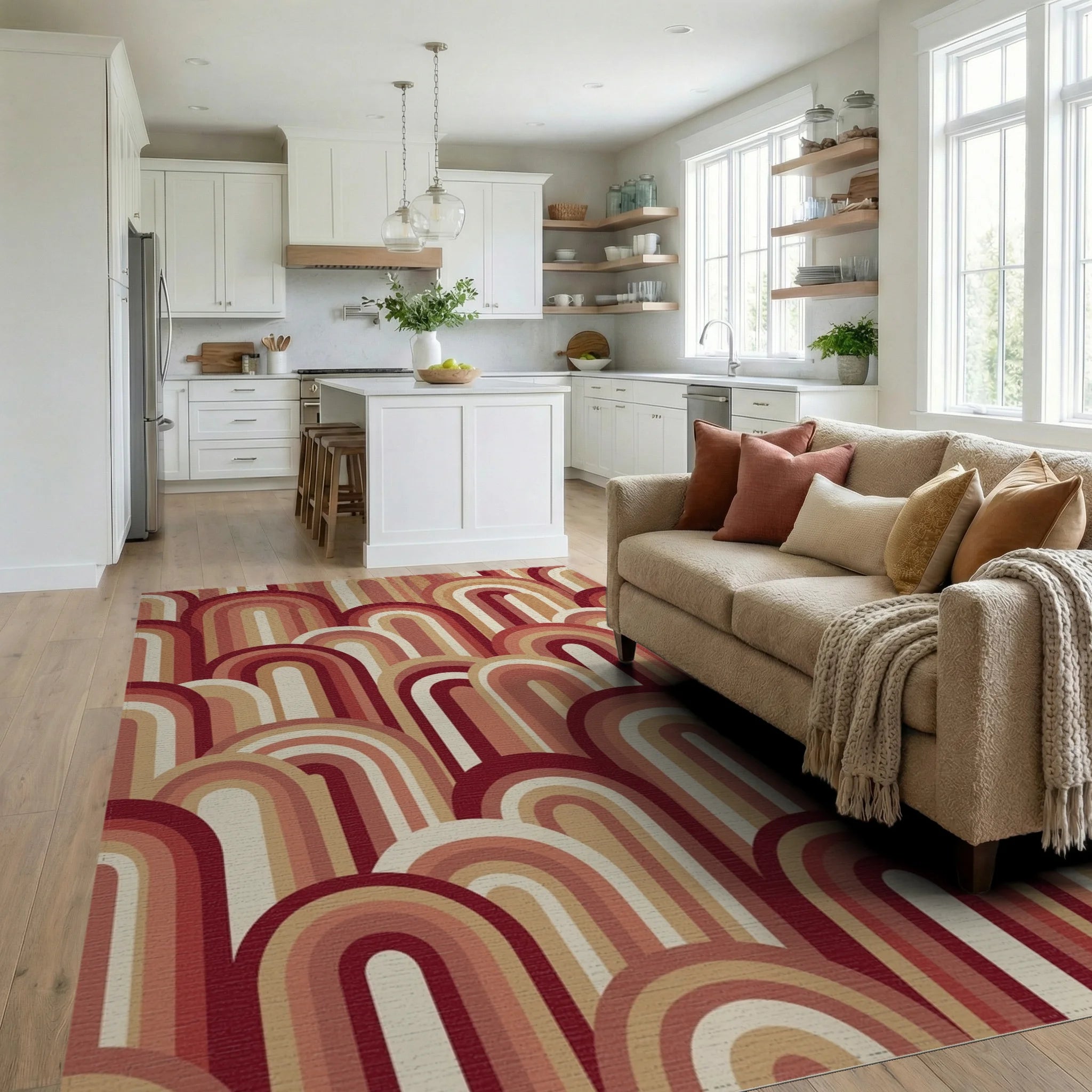 Retro Arc Arch Rainbow Tones Rug Living Room View