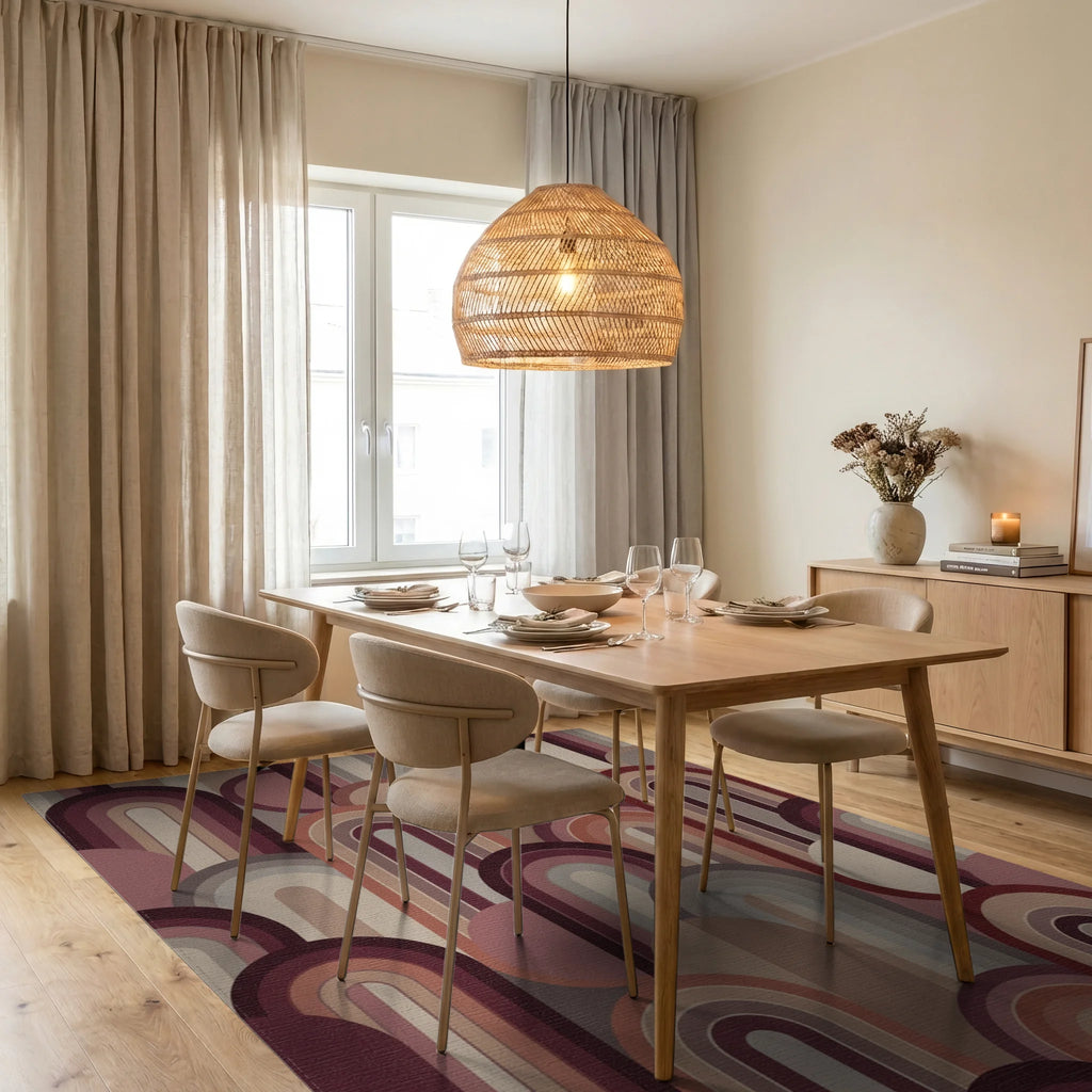 Retro Arch Cascade Earth Tones Rug Dining Room View