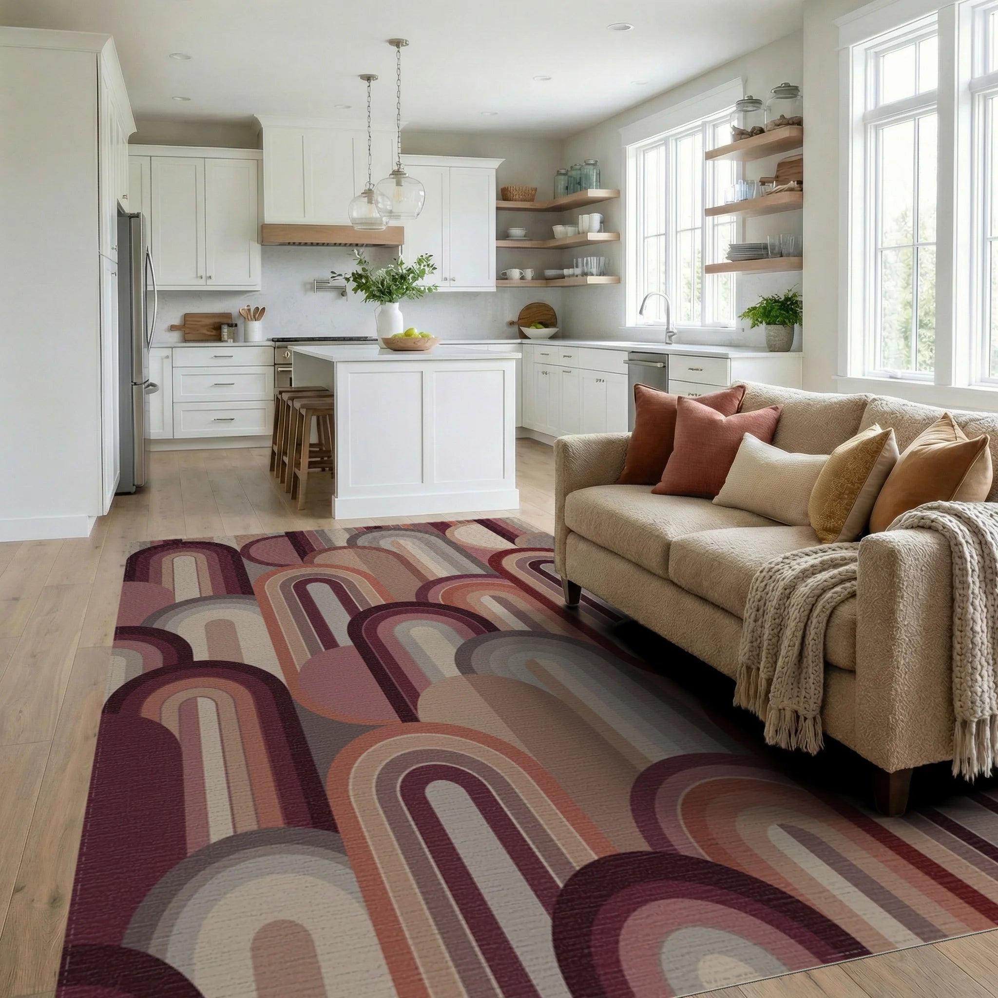 Retro Arch Cascade Earth Tones Rug Living Room View