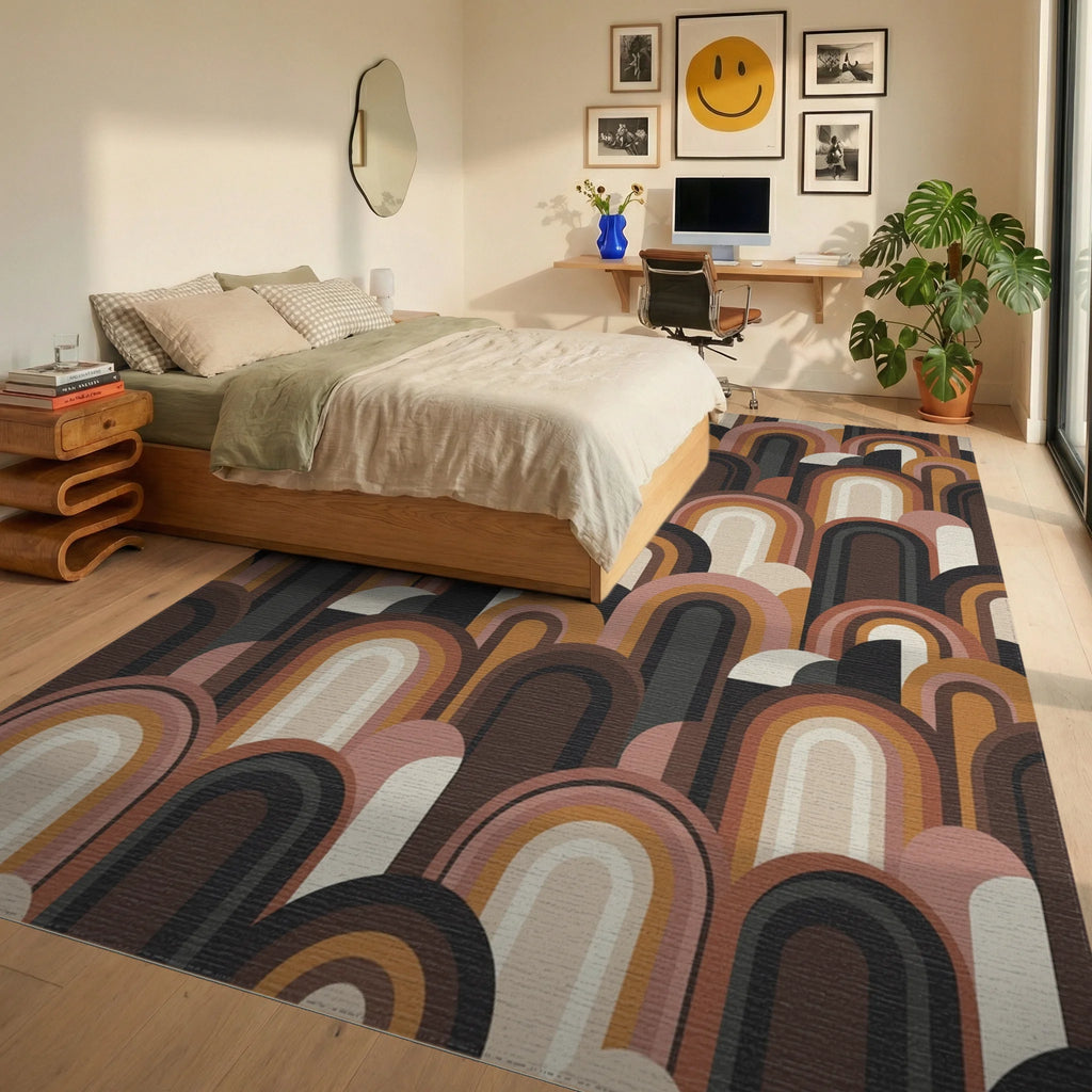 Retro Arches Earthy Tone Rug Bedroom View