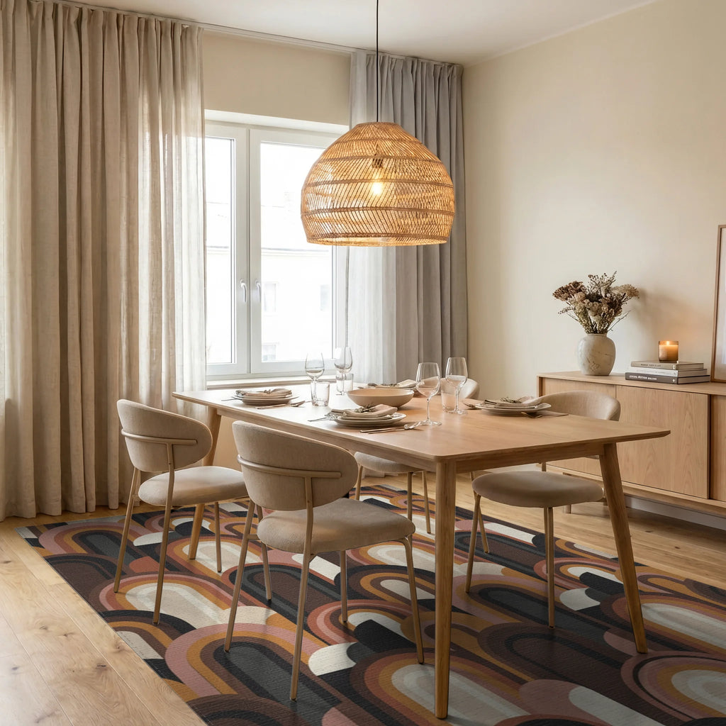 Retro Arches Earthy Tone Rug Dining Room View