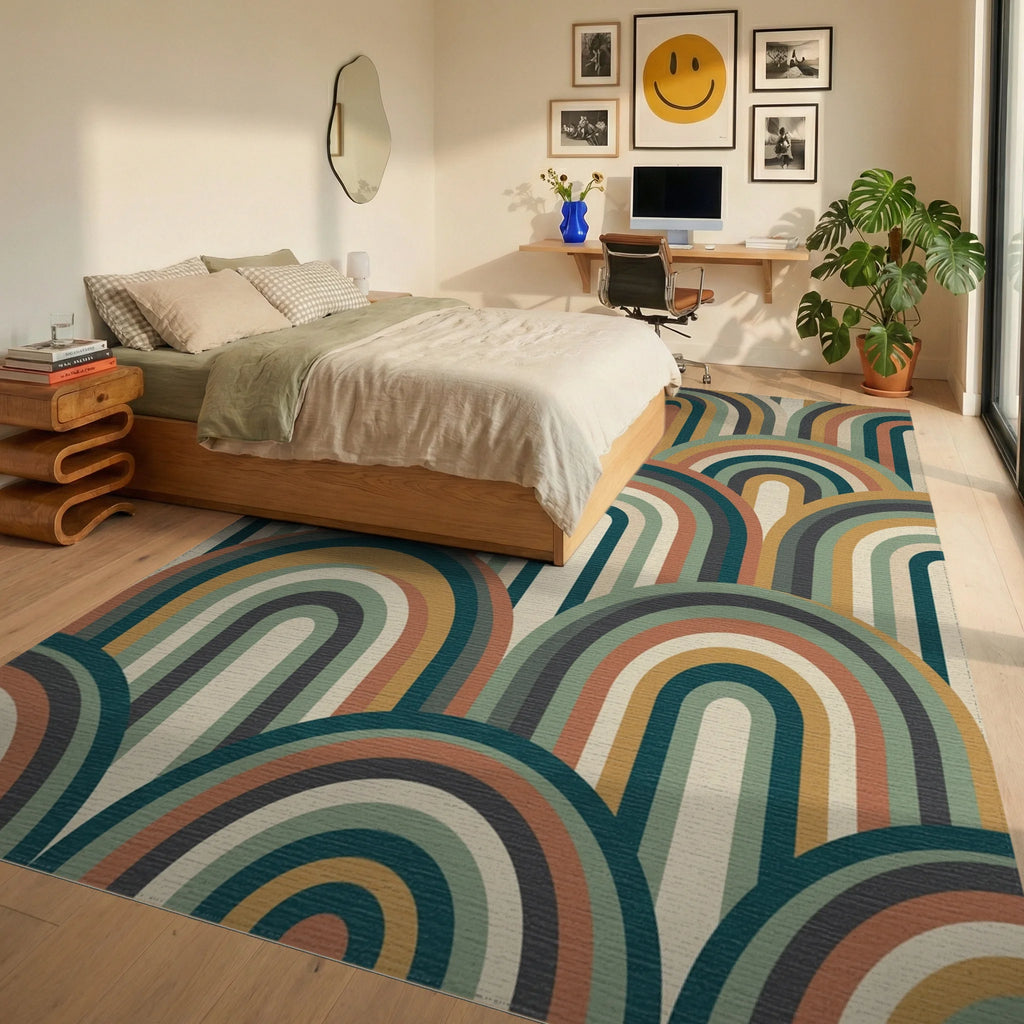 Retro Archway Terra Cotta Rainbow Rug Bedroom View