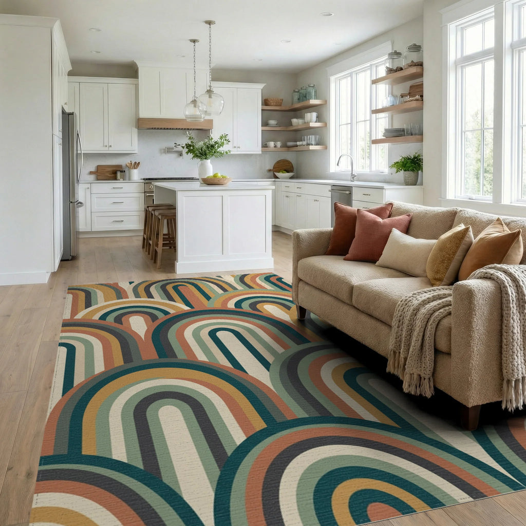 Retro Archway Terra Cotta Rainbow Rug Living Room View